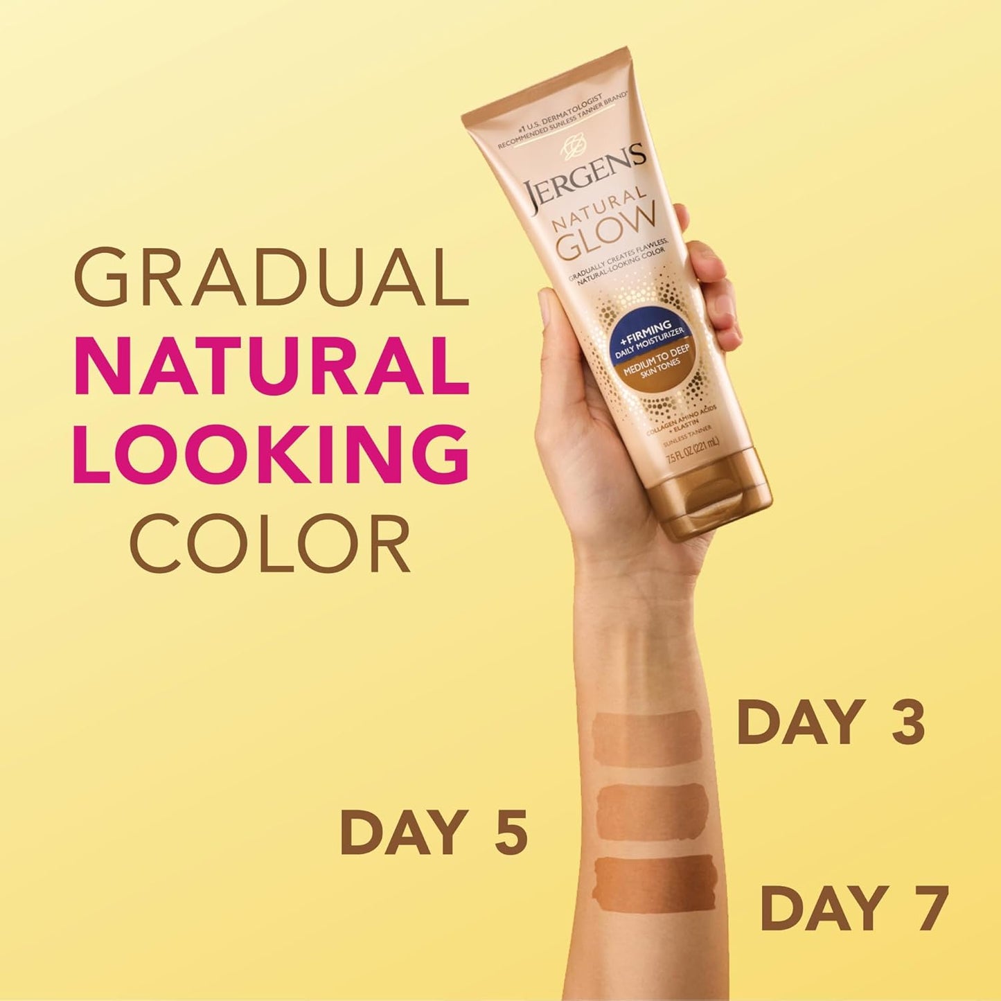 Natural Glow +Firming Self Tanner Body Lotion, Medium to Deep Skin Tone, Sunless Tanning Moisturizer with Collagen and Elastin, Helps to Visibly Reduce Cellulite, 7.5 Oz, Pack of 2